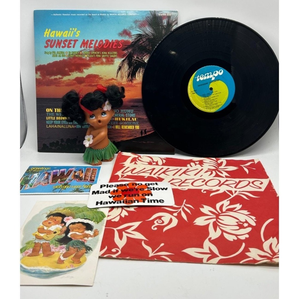 Hawaii Collectible Lot Sunset Melodies Vinyl LPs Retro Souvenir Doll & Postcards
